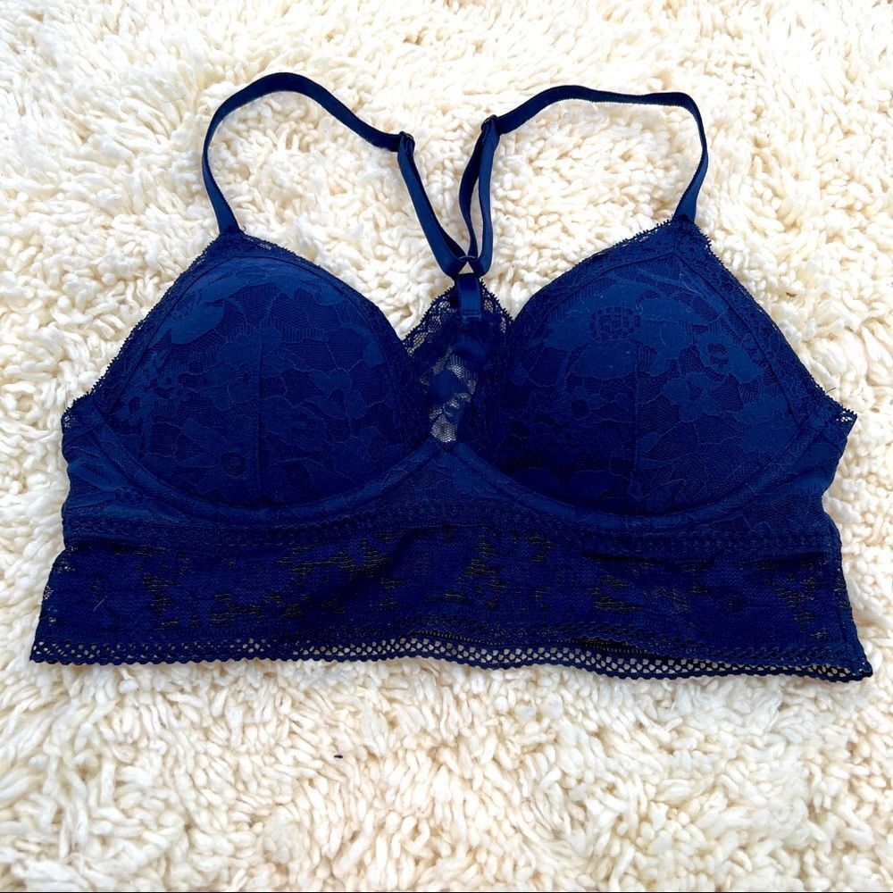 Victoria's Secret Racerback Floral Lace Cutout Blue Thin Straps Padded Bralette